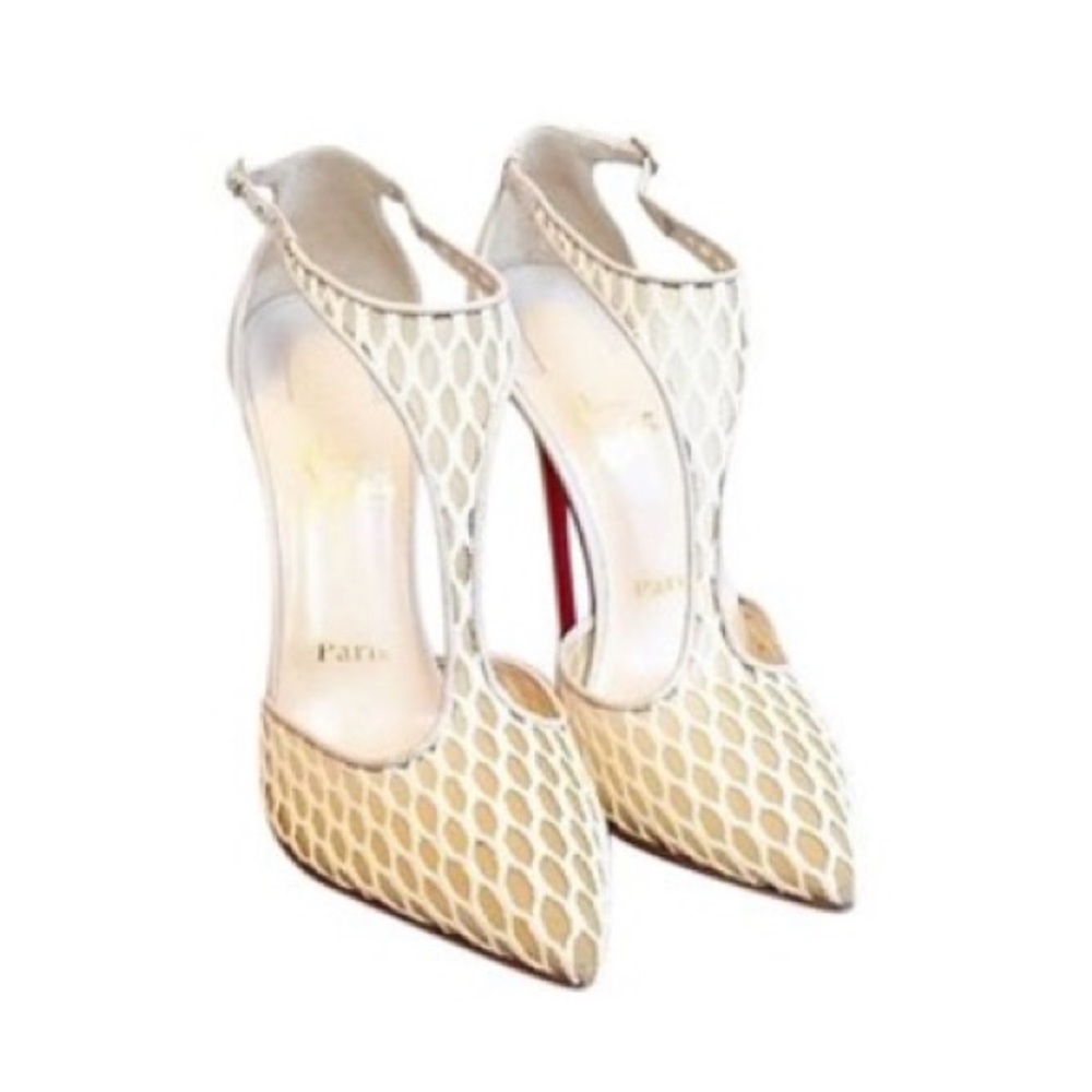 Christian Louboutin Ivory Mesh T-Strap Pointed-Toe Pumps